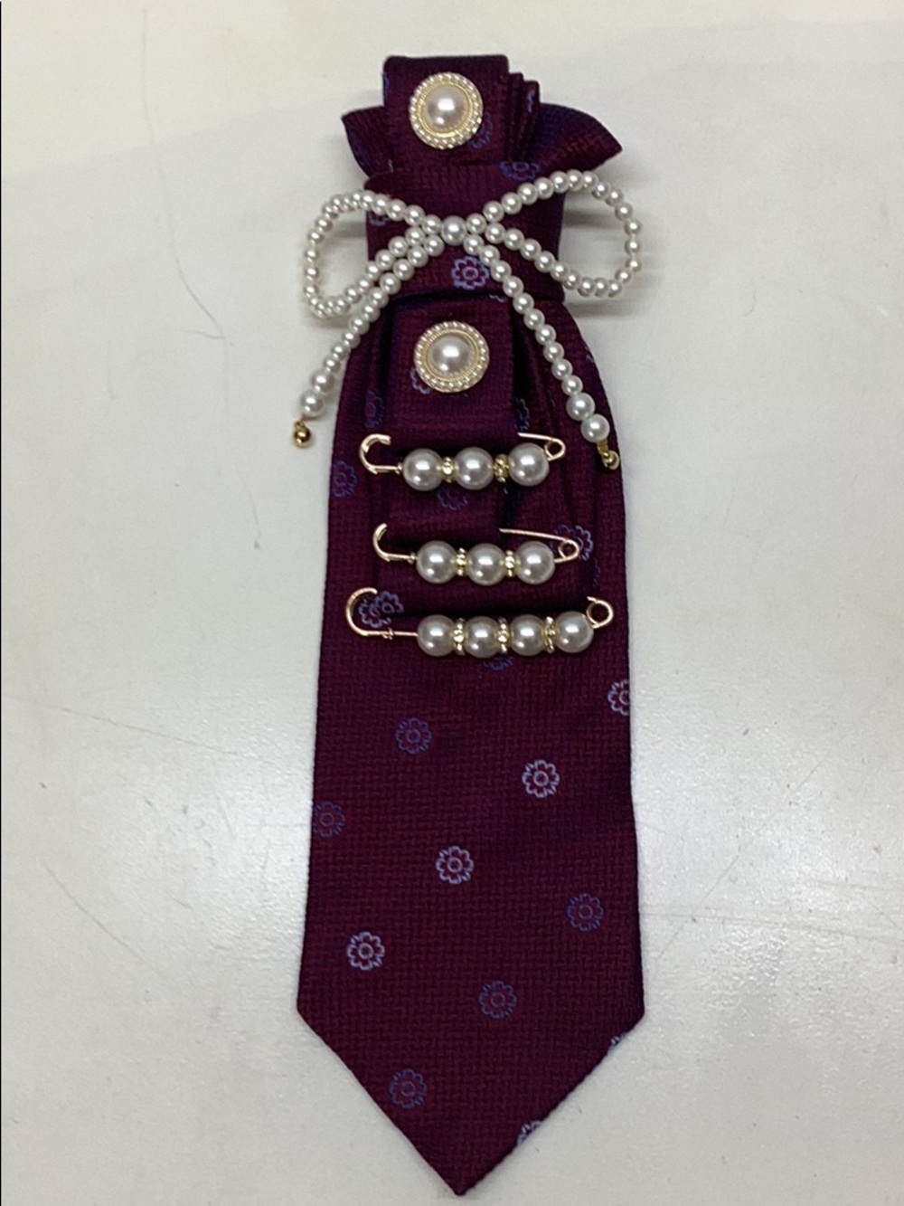 Vintage Pearl Beaded Maroon Upcycled Silk Tie Brooch Accessory